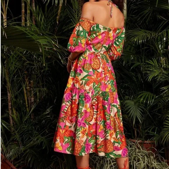 tie neck off shoulder puff sleeve cutout tropical print dress vacay summer cute - Picture 2 of 7